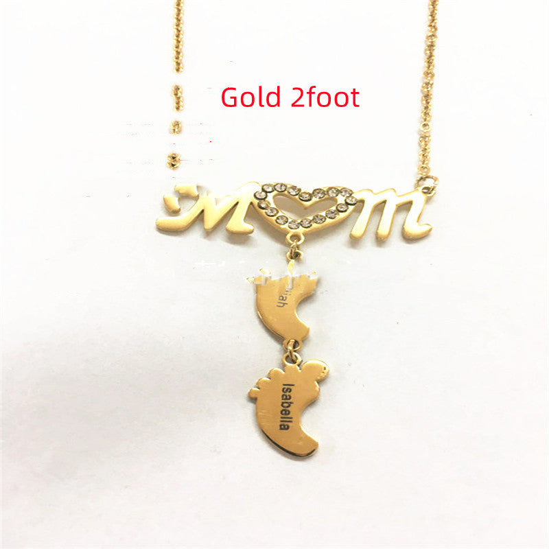 Personalized Inlay MOM Necklace with Baby Feet Name Necklace Pendant Custom Necklace Zirconia Necklaces