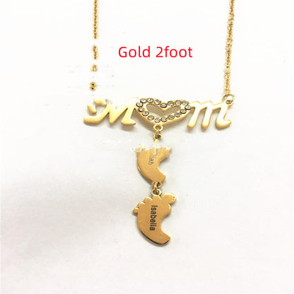 Personalized Inlay MOM Necklace with Baby Feet Name Necklace Pendant Custom Necklace Zirconia Necklaces